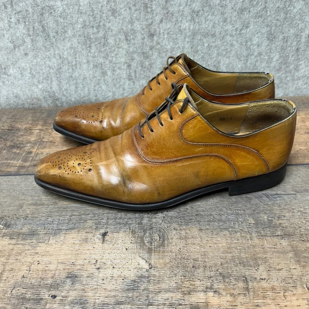 Magnanni Mens Leather‎ Oxford Dress Shoes Brogue Size 8.5 Saffron Brown